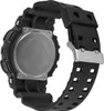 Close-up view of the back of a black Casio G-Shock watch, showing the metal case back with engraved text and the black rubber strap with a silver buckle. Podgląd zdjęcia produktu