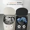 Two laundry baskets with lids open, showing different types of laundry inside, with text describing their sorting purpose. Produktbild-Vorschau
