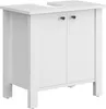A white bathroom vanity cabinet with two doors and a cutout for a sink. Produktbild-Vorschau