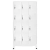 A full-frame, front-facing view of a tall, white, metal locker unit with twelve individual compartments arranged in four rows of three. Produktbild-Vorschau