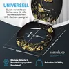 A toilet seat with a decorative butterfly and leaf design, shown with measurement lines and text indicating its universal fit and quality. Produktbild-Vorschau