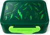 A dark green lunchbox with a lime green clasp and a pattern of green lightning bolts on the lid. Produktbild-Vorschau