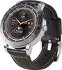 A close-up studio shot of a smartwatch with a black leather strap and a silver casing. Produktbild-Vorschau