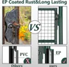 A collage comparing a rusty gate handle with a new green gate, and showing different coating materials. Produktbild-Vorschau