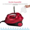 A red steam cleaner is shown with its lid open, and a person is pouring water into it from a pitcher. Voir les images du produit