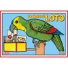 A cartoon parrot is holding cherries and looking at cards from a yellow dispenser, with text above. Produktbild-Vorschau