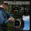 A person wearing a smartwatch is shown in a forest setting, with graphics overlayed on the image showcasing smartwatch features like incoming calls, music control, and notifications, alongside a smartphone displaying weather information. Produktbild-Vorschau