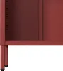 A close-up view of the bottom corner of a red metal shelf unit, showing its legs and a section of the shelving. Voir les images du produit
