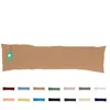 A long beige body pillow with a tag attached, shown against a white background. Below the pillow are swatches of various colors. Produktbild-Vorschau