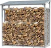 A metal firewood rack filled with logs, under a gray roof. Produktbild-Vorschau
