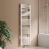 A white towel radiator is mounted on a light beige wall next to a shower enclosure. Produktbild-Vorschau