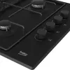 A close-up view of a black gas hob with four burners and control knobs. Produktbild-Vorschau
