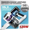 A cutaway view of a cordless vacuum cleaner, highlighting its internal components and features, set against a blue background with marketing text. Produktbild-Vorschau