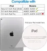 A table showing iPad compatibility and a close-up of the back of an iPad showing model information. Produktbild-Vorschau
