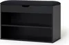 A black shoe cabinet with a padded seat on top, shown against a white background. Náhľad obrázku produktu