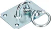 A silver metal ceiling hook with a rotating ring, mounted on a rectangular plate with screw holes. Produktbild-Vorschau