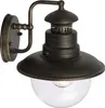 A rustic-style outdoor wall lamp with a black and gold brushed finish and a clear glass globe. Produktbild-Vorschau