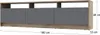 A long, low TV stand with three gray cabinet doors and an open top shelf area. Dimensions are indicated. Náhľad obrázku produktu