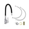 A kitchen faucet with a flexible black hose and accompanying hoses and washers are displayed against a white background. Produktbild-Vorschau