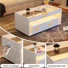 A collage of images showcasing a white high-gloss coffee table with LED lighting, highlighting its features like ease of cleaning, protective film, and quality glass. Produktbild-Vorschau
