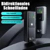 Two black power banks are displayed against a dark, abstract background, with text overlays highlighting product features. Produktbild-Vorschau