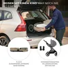 A man loading a folded baby stroller into the trunk of a car, with inset images showing the folded bassinet and stroller with adapters. Voir les images du produit
