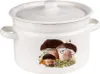 A white enamel pot with a lid, decorated with mushrooms and grass. Produktbild-Vorschau