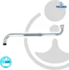 A chrome-plated S-shaped faucet spout is shown against a white and light gray background with abstract shapes. Produktbild-Vorschau