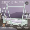 A mint green wooden cot with a purple and white patterned duvet and pillow, set in a child's room with a purple wavy wall and decorative elements. Náhľad obrázku produktu