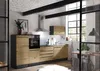 A modern kitchen with wooden cabinets and black accents, featuring a stove, sink, and overhead cabinets. Produktbild-Vorschau