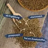 A wooden scoop filled with hemp seeds is placed on a burlap cloth, with more seeds scattered around. Text overlays highlight the benefits of the seeds. Produktbild-Vorschau