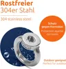 A close-up of a stainless steel ring nut with text overlays describing its features. Produktbild-Vorschau