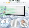 A HEPA filter for a vacuum cleaner is shown with animated particles being filtered out, along with smaller inset images showing the filter in water, a close-up of the filter material, and a hand inserting a filter into a device. Produktbild-Vorschau
