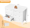 A white dresser with dimensions and weight specifications shown, along with a silhouette of a person for scale. Voir les images du produit