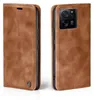 A brown flip-style phone case for a Xiaomi 13T/13T Pro is shown from two angles, open and closed. Produktbild-Vorschau