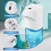 A white and blue automatic disinfectant dispenser with callouts highlighting its features. Produktbild-Vorschau
