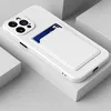 A white iPhone case with a card holder is displayed on white blocks. Produktbild-Vorschau