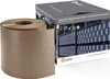 A roll of brown PVC screening strip is shown next to its packaging box, which displays an image of a fence with the screening strip installed. Produktbild-Vorschau