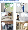 Collage of images showing a multi-functional ladder in various use cases and configurations, with diagrams illustrating its different forms. Produktbild-Vorschau