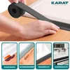 A person is applying a black sealing strip to a surface, with four smaller images below showing its features. Produktbild-Vorschau