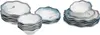A collection of stacked ceramic bowls and plates with a wavy edge and a speckled blue and white glaze. Voir les images du produit