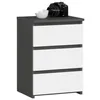 A modern gray and white nightstand with three drawers, topped with a camera and a small bowl. Produktbild-Vorschau