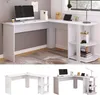 A collage of images showing a white L-shaped desk with shelves, both in a staged room setting and as standalone product shots. Produktbild-Vorschau