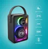 A portable speaker with colorful LED lights and feature callouts. Produktbild-Vorschau