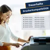 A woman is interacting with a printer, with text listing compatible printer models. Produktbild-Vorschau