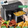 A black air fryer is shown with a basket full of french fries. The image is overlaid with graphics and text highlighting cooking times and temperatures for different foods. Anteprima dell’immagine prodotto