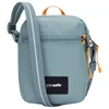 A close-up studio shot of a small, light blue crossbody bag with orange accents. Voir les images du produit