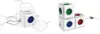 Two arrangements of white cube-shaped power adapters with different colored sockets and USB ports. Náhled obrázku produktu