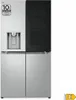 A front view of a silver and black LG side-by-side refrigerator with a water dispenser. Produktbild-Vorschau