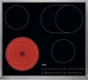 A top-down view of a black glass ceramic cooktop with four heating elements. One element is glowing red. Náhled obrázku produktu